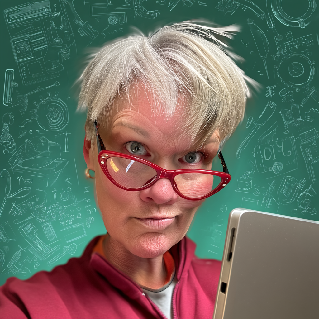 Illustrated portrait of Wenda O'Neill holding a tablet